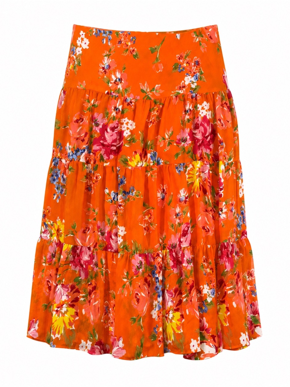 Chaps Orange Floral Tiered Midi Skirt with Pink and Yellow Blooms